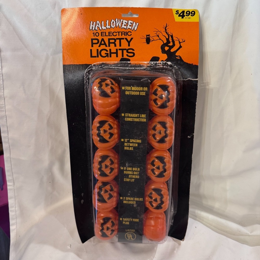 Vtg Halloween Jack O Lantern Pumpkin String Lights Blow Mold Set‎ of 10 NEW